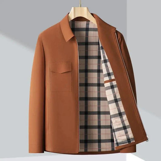Men’s Jacket – Structured Fit – Collared – Plaid Lining – Hip Length – Casual Style Brown