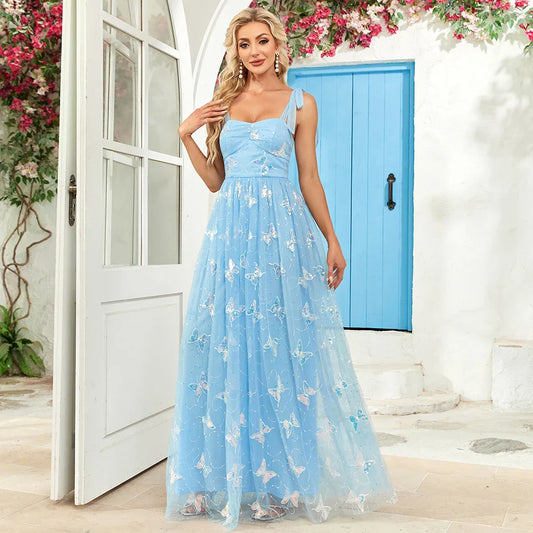 Women's A-Line Evening Gown Butterfly Embroidery - FlutterGlow