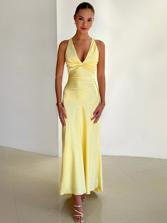 Women's Satin Maxi Dress Halter Neck - Evening Allure Yellow