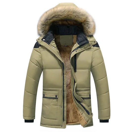 Men's winter jacket with hood, padded and warm. Coffee