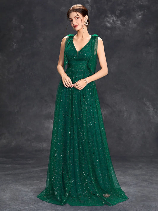 Women's Glitter Maxi Dress - Sleeveless V-Neck Evening Gown - Starlight