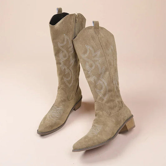 Women's Suede Cowboy Boots Embroidered Western Style - UrbanStride Olive Green