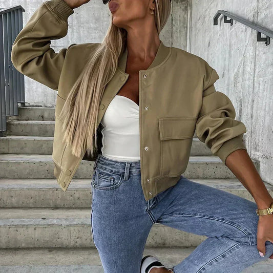 Women's Cropped Bomber Jacket Relaxed Fit - UrbanEdge Olive Green