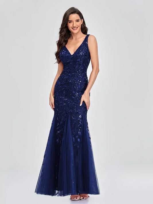 Women's Sequin V-Neck Maxi Dress - Couture Evening Gown - StarGlow Navy Blue