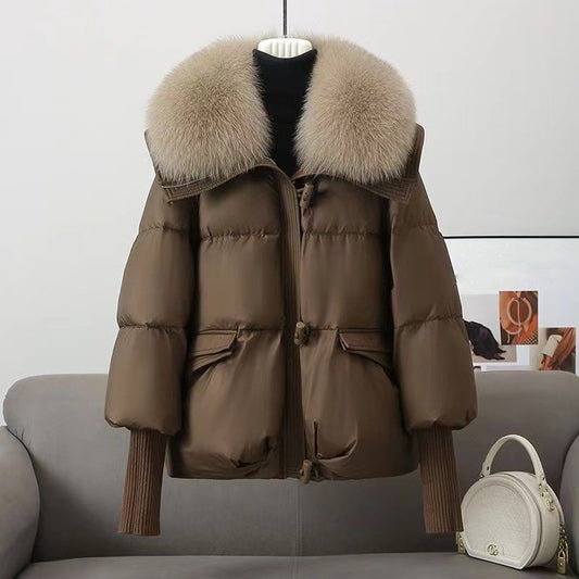 Women's Oversized Quilted Coat Faux Fur Collar - CozyChic Brown