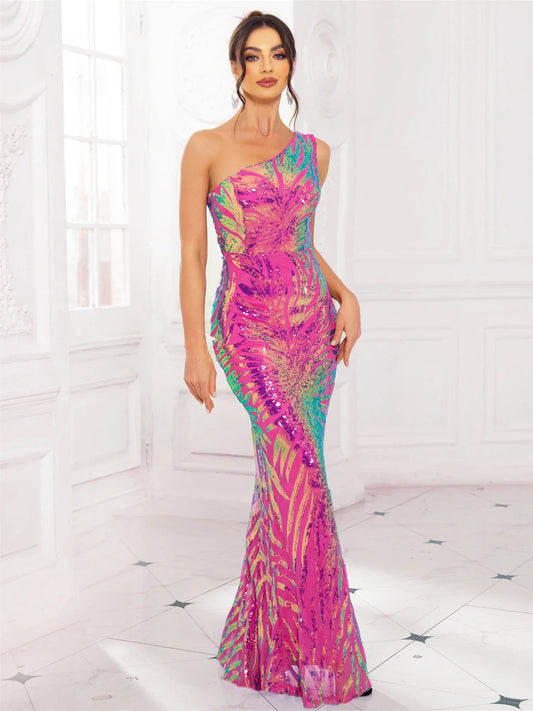 Women's Sequin Mermaid Gown - Elegant One-Shoulder Maxi - SequinGlow Pink