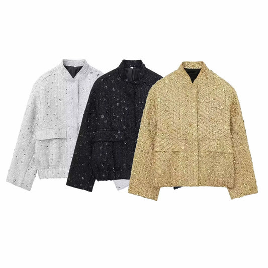 Women's Sequin Bomber Jacket - Cropped Relaxed Fit, Statement Style - SparkleBomber