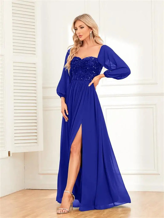 Women's Sequin Bodice Maxi Dress - Couture Evening Gown Royal Blue