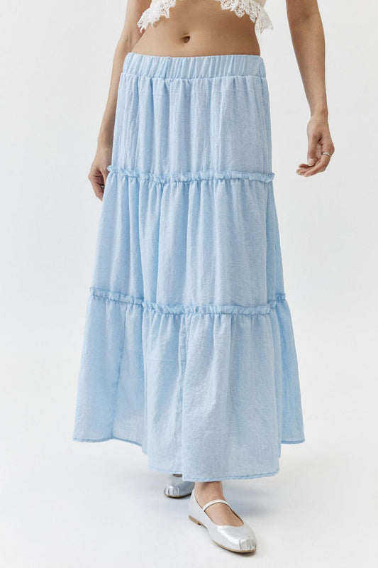 Women's Flowy Maxi Skirt - Lightweight Tiered Cotton-Linen - Summer Breeze Sky Blue