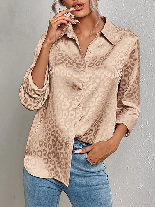 Women's Leopard Jacquard Shirt - Confident Style, EllaBlouse Khaki