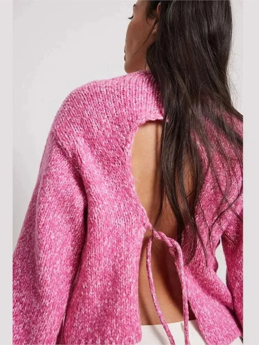 Women's Knit Crop Top - Long Sleeve Open Back Top - BacklessCharm Pink