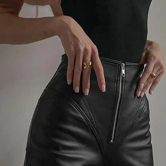Women's High-Waisted Faux Leather Pants - Zip Detail, Curve Defining - ZipSkinny