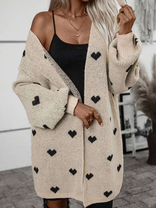 Women's Knitted Cardigan Soft Heart Pattern - Heartfelt Khaki