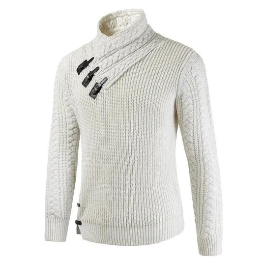 Men’s Pullover Sweater – Slim Fit – Wool Blend – Asymmetric Neckline – Buckle Detail Beige