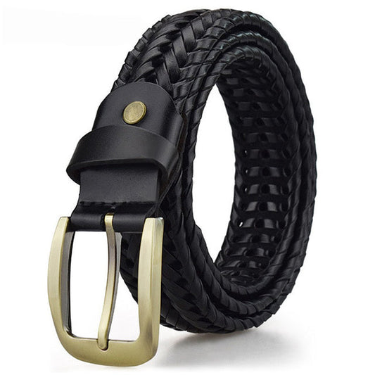 Men’s Leather Belt – Braided Design – Adjustable Fit – Polished Metal Buckle Black One Size