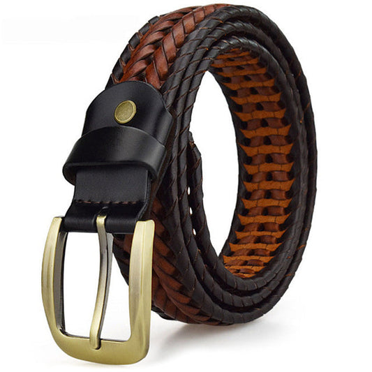 Men’s Leather Belt – Braided Design – Adjustable Fit – Polished Metal Buckle Dark Brown One Size