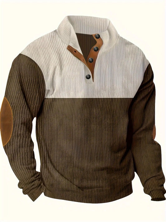 Men’s Ribbed Pullover Sweater - Quarter Button - Stand Collar - Long Sleeve - Elbow Patches Dark Brown