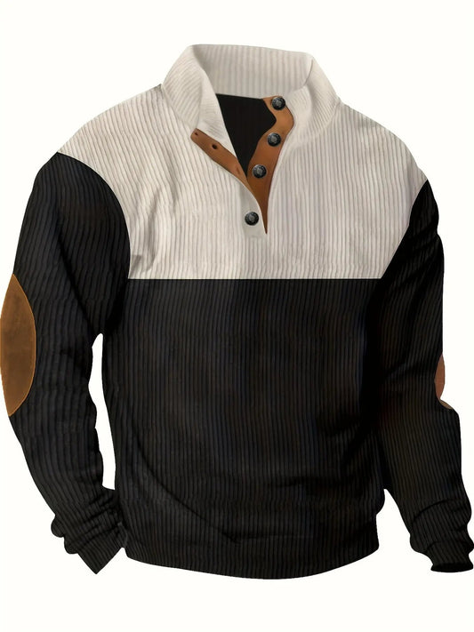 Men’s Ribbed Pullover Sweater - Quarter Button - Stand Collar - Long Sleeve - Elbow Patches Black
