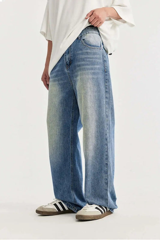 Men’s Wide-Leg Jeans – Relaxed Fit – Cotton Denim – Vintage Distressed Full Length