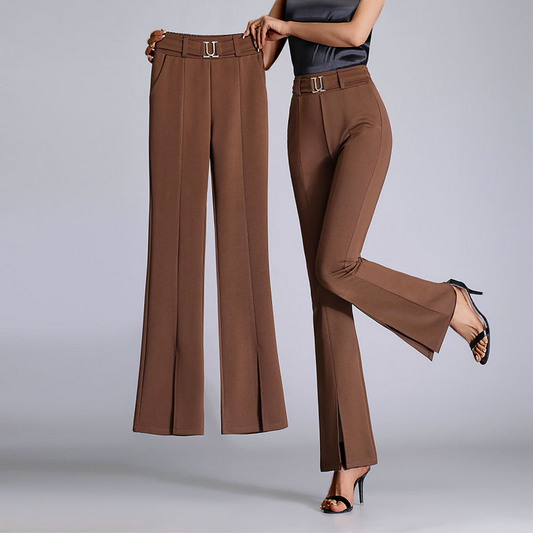 Women's High-Waisted Flared Pants Belted Elegant Design - CityChic Brown