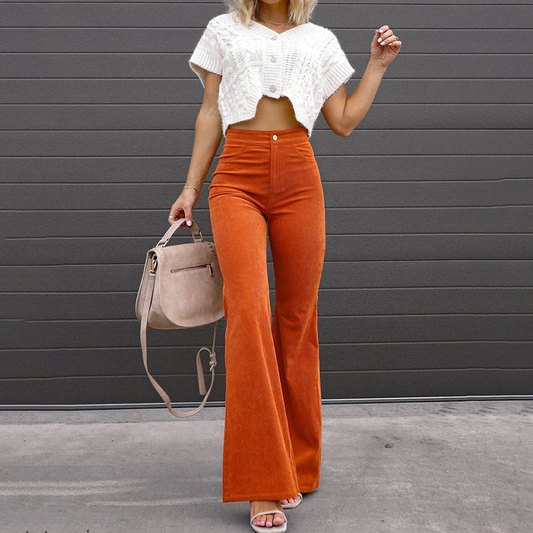 Women's High-Waisted Flared Pants Soft Vintage Style - RetroFlare Orange sunset