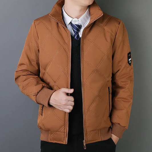 Men’s Quilted Jacket – Regular Fit – Insulated – Stand Collar – Zipper Pockets – Ribbed Cuffs Brown