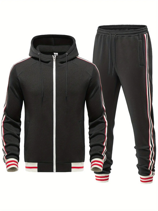 Men’s Tracksuit Set – Slim Fit Hooded Zip Jacket – Tapered Joggers – Striped Trim Black