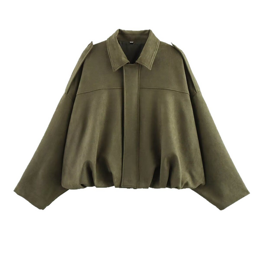 Women's Suede-Look Bomber Jacket Oversized Fit - UrbanEdge Green