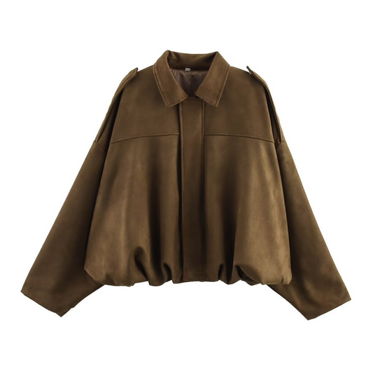 Women's Suede-Look Bomber Jacket Oversized Fit - UrbanEdge Brown