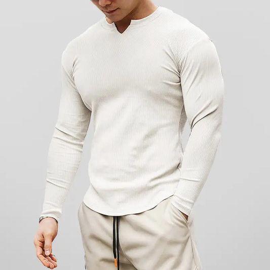Men’s Henley Shirt - Ribbed Knit - Slim Fit - Long Sleeve Casual Wear White