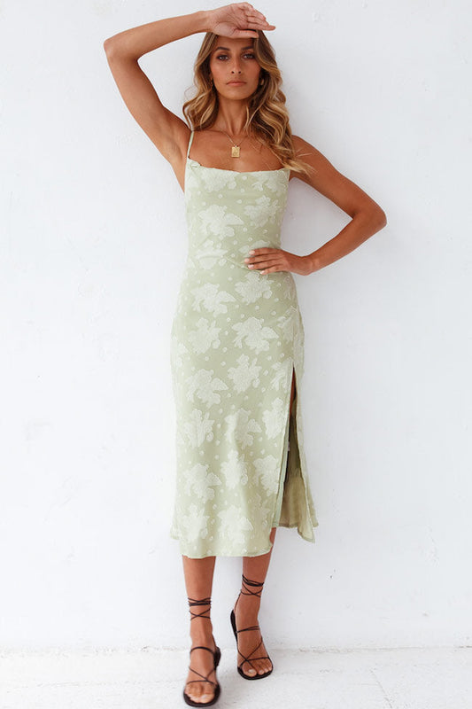 Women's Floral Midi Slip Dress - Cowl Neck, High Slit - LuxeFlow