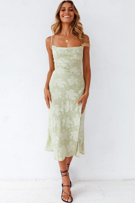 Women's Floral Midi Slip Dress - Cowl Neck, High Slit - LuxeFlow Sage Green