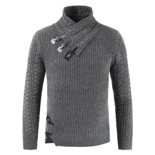 Men’s Pullover Sweater – Slim Fit – Wool Blend – Asymmetric Neckline – Buckle Detail Dark Gray