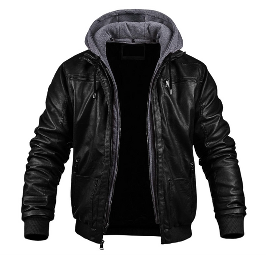 Men’s Leather Jacket – Slim Fit – Hooded with Drawstring – Zip Front – Ribbed Hem Black