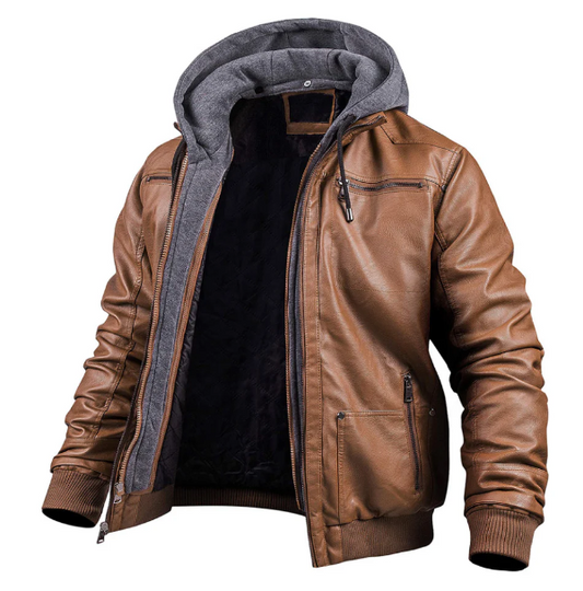 Men’s Leather Jacket – Slim Fit – Hooded with Drawstring – Zip Front – Ribbed Hem Brown