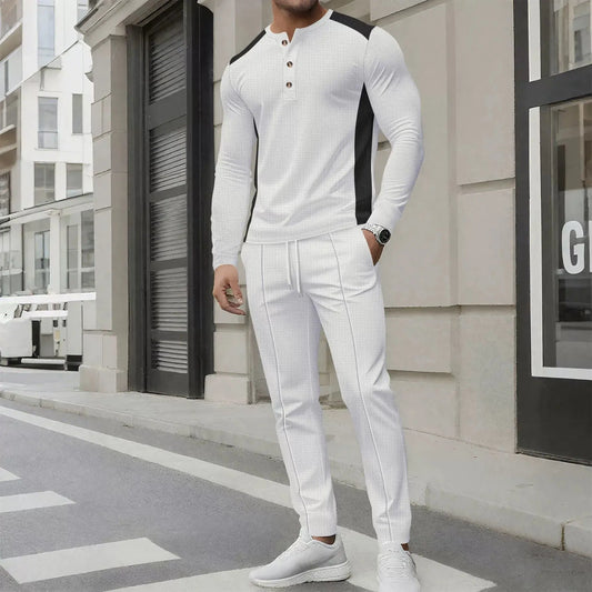 Men’s Two-Piece Set – Slim Fit Henley Shirt and Pants – Waffle Knit – Long Sleeve White