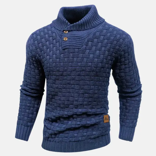 Men’s Knit Sweater – Wool Blend – Regular Fit – Shawl Collar – Button Neck – Textured Weave Dark Blue