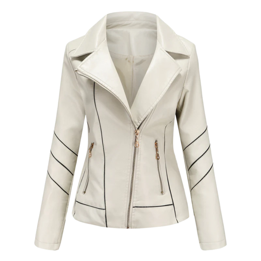 Women's Slim Fit PU Leather Biker Jacket - MotoEdge Beige