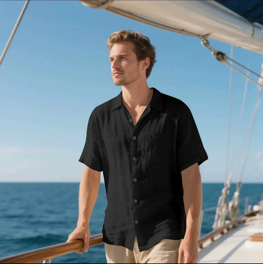 Men's Linen Shirt Relaxed Fit - Breezy Short Sleeve - CoastalCool Black