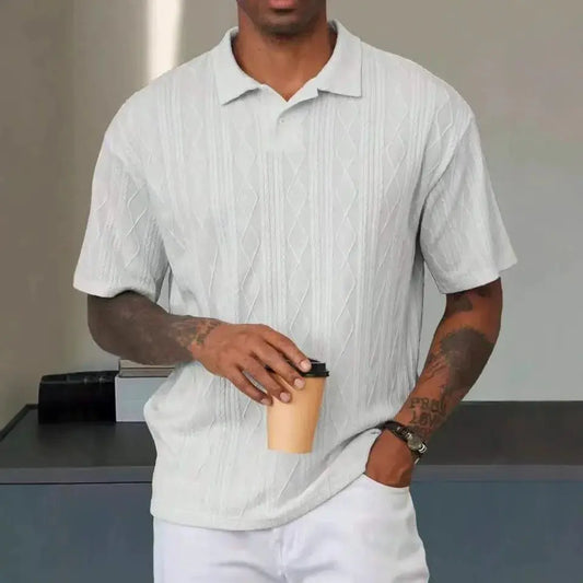 Men's Textured Knit Polo Shirt - Relaxed Cotton Blend - DiamondKnit White