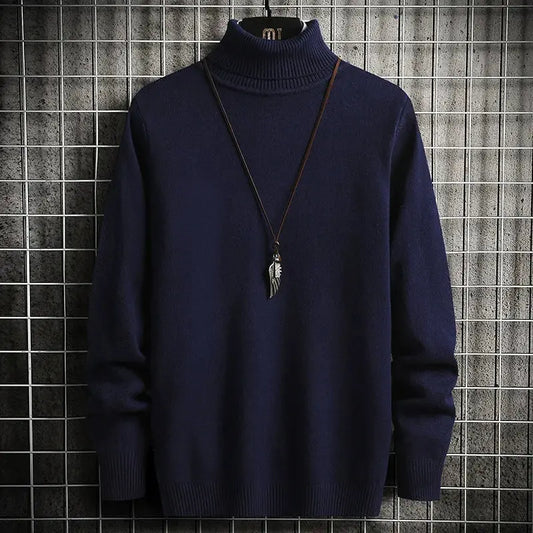 Men’s Turtleneck Sweater – Slim Fit – Fine Knit Wool – Ribbed Hem and Cuffs Navy Blue