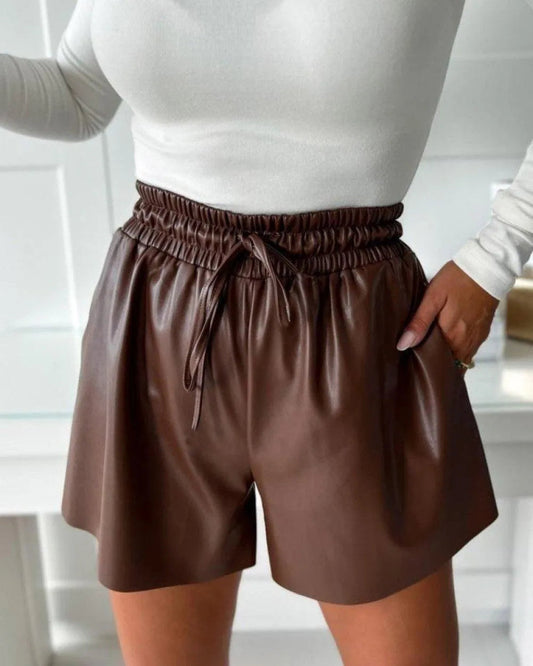 Women's Faux Leather High Waist Shorts - Effortless Chic - LuxeLeathers Brown