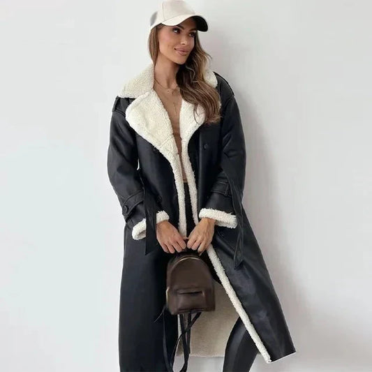 Women's Shearling Leather Long Coat - Double-Breasted Elegance - Winterfell Black
