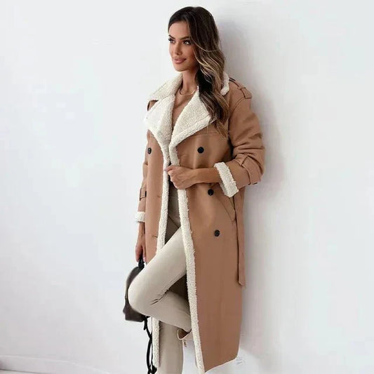 Women's Shearling Leather Long Coat - Double-Breasted Elegance - Winterfell Khaki