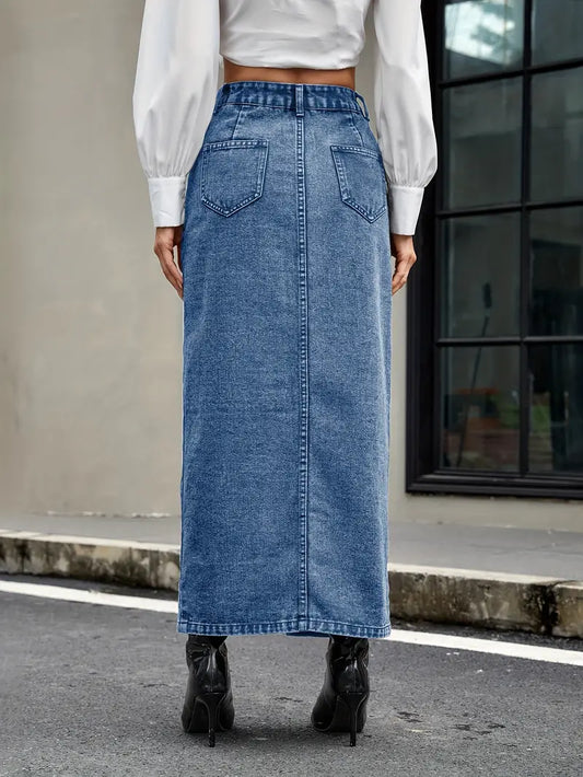Women's Denim Midi Skirt High Waist Button-Down - DenimChic