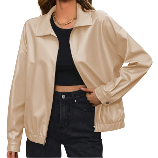 Women's PU Leather Biker Jacket Relaxed Fit Cropped - UrbanEdge Apricot