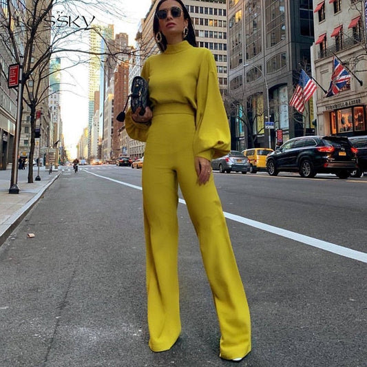 Women's Slim Fit Jumpsuit - High Collar, Long Sleeve - StyleSculpt Yellow