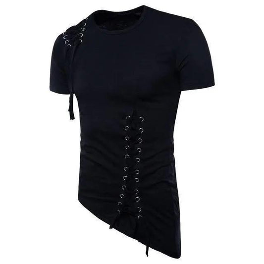 Men’s T-Shirt - Slim Fit - Lace-Up Detail - Crew Neck - Short Sleeve Stylish Design Black