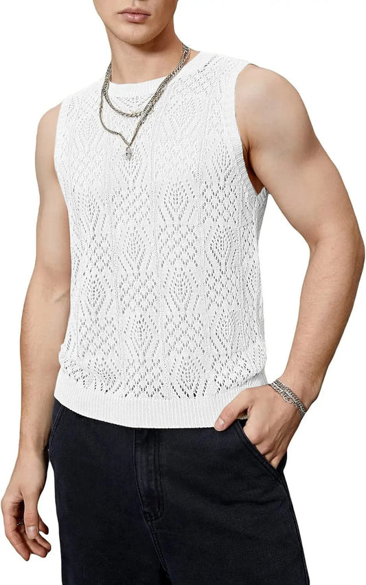 Men’s Crochet Tank Top - Sleeveless Geometric Knit - Lightweight & Breathable White