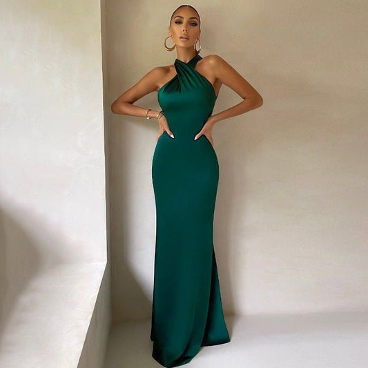 Women's Halter Maxi Dress - Elegant Satin Evening Gown - SatinGlow Green